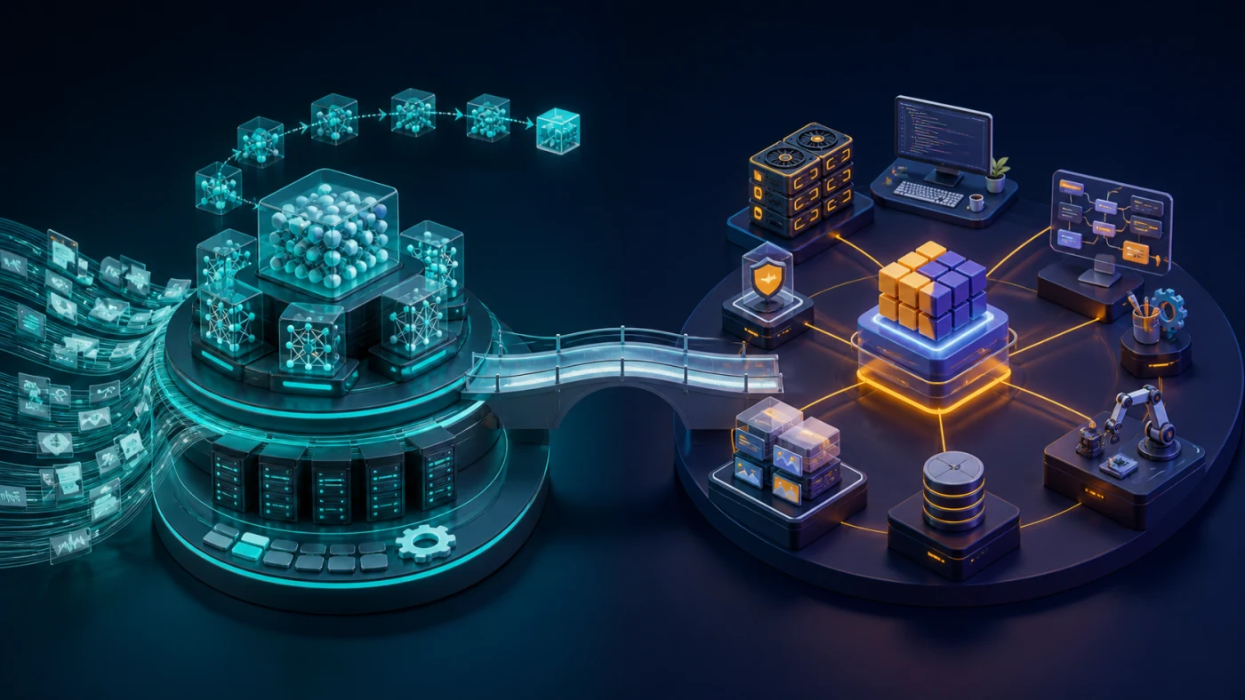 快速模型迭代路線與開放硬體工具生態之間互相連接的企業 AI 架構