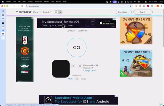 TypeSafe AdBlock 原始示範影片中，Speedtest 頁面過濾前顯示多個廣告版位