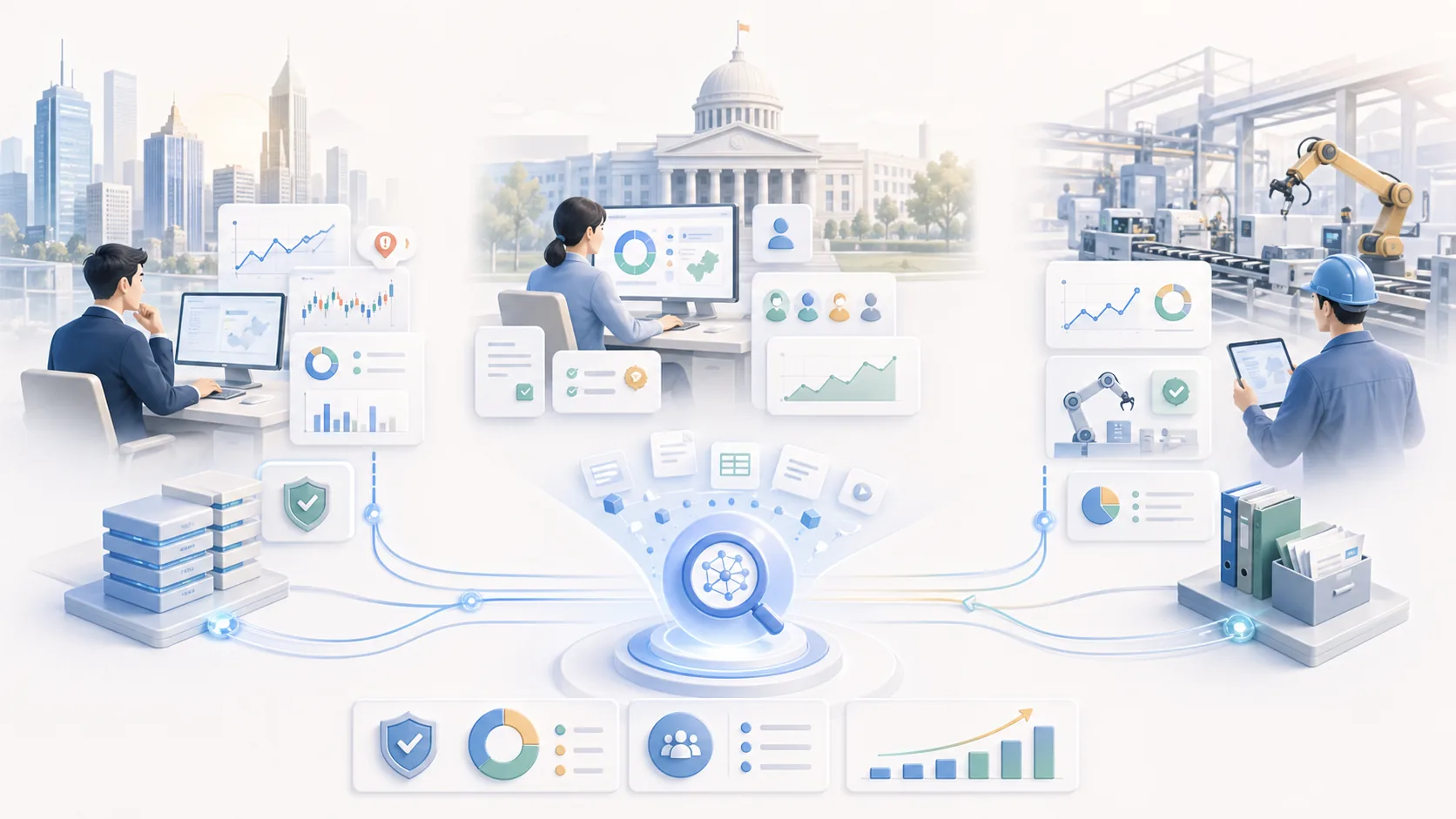 Enterprise RAG Case Studies: Finance, Government, and Manufacturing AI Knowledge Management資訊圖表配圖，呈現AI 知識中心的重點概念