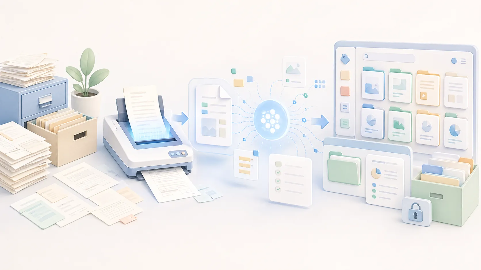 Document Digitization & Smart Archiving資訊圖表配圖，呈現應用案例的重點概念